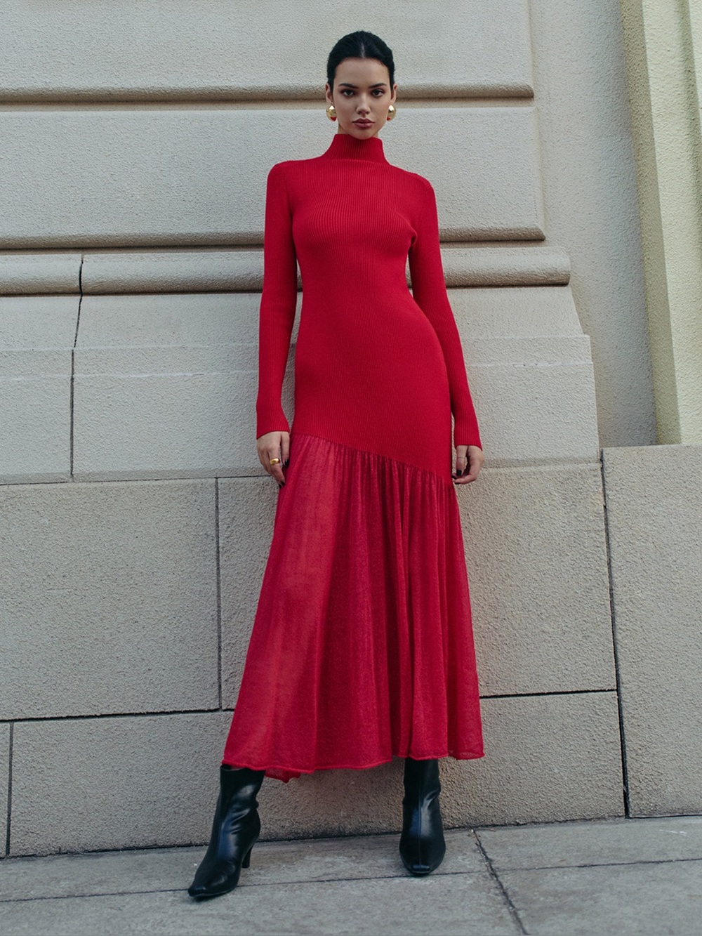 Commense Mock Neck Pleated Panel Sweater Dress - Size S